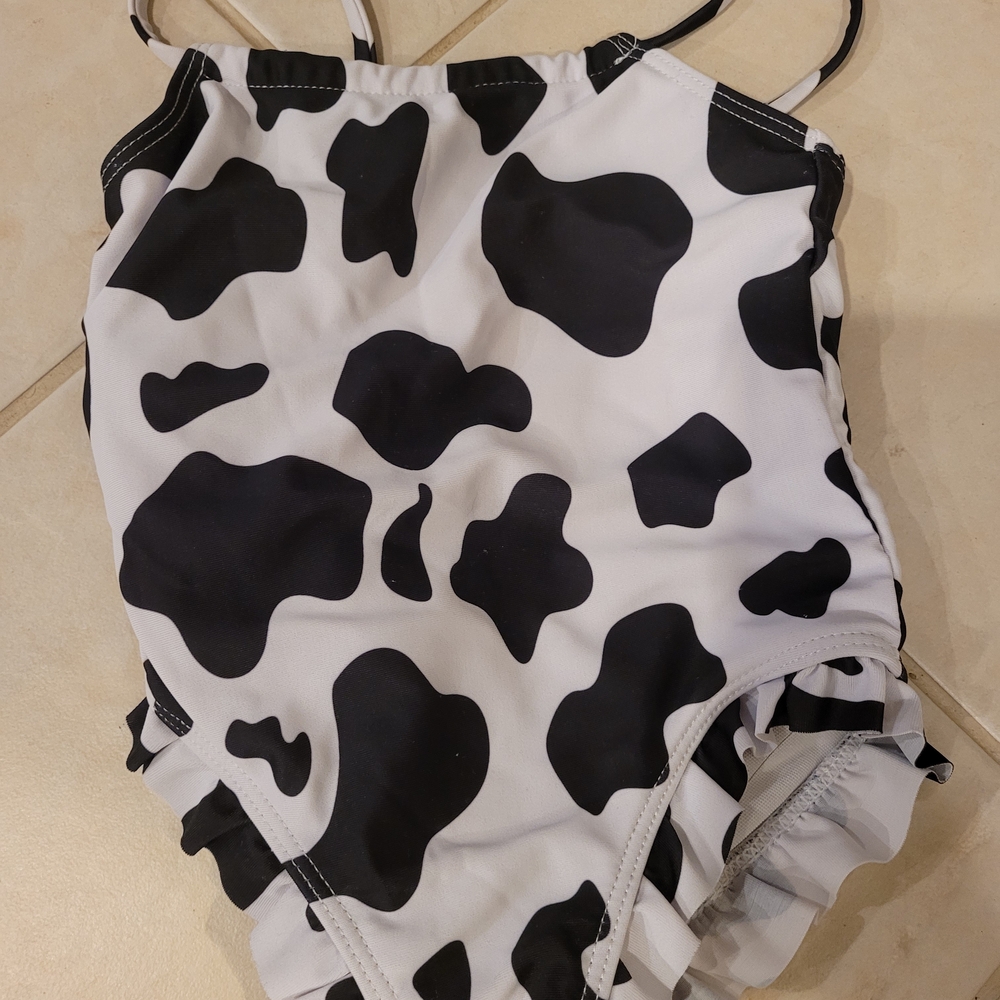 Girls Cow-Print Ruffle One-Piece Swimsuit - Black & White